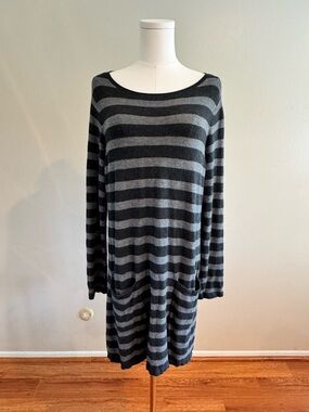 Eileen Fisher Black and Gray Striped Long Sleeve Knit Dress